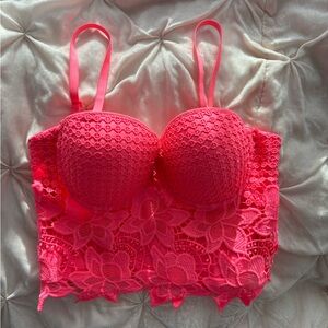 love J Neon Pink Lace Bustier Crop Top